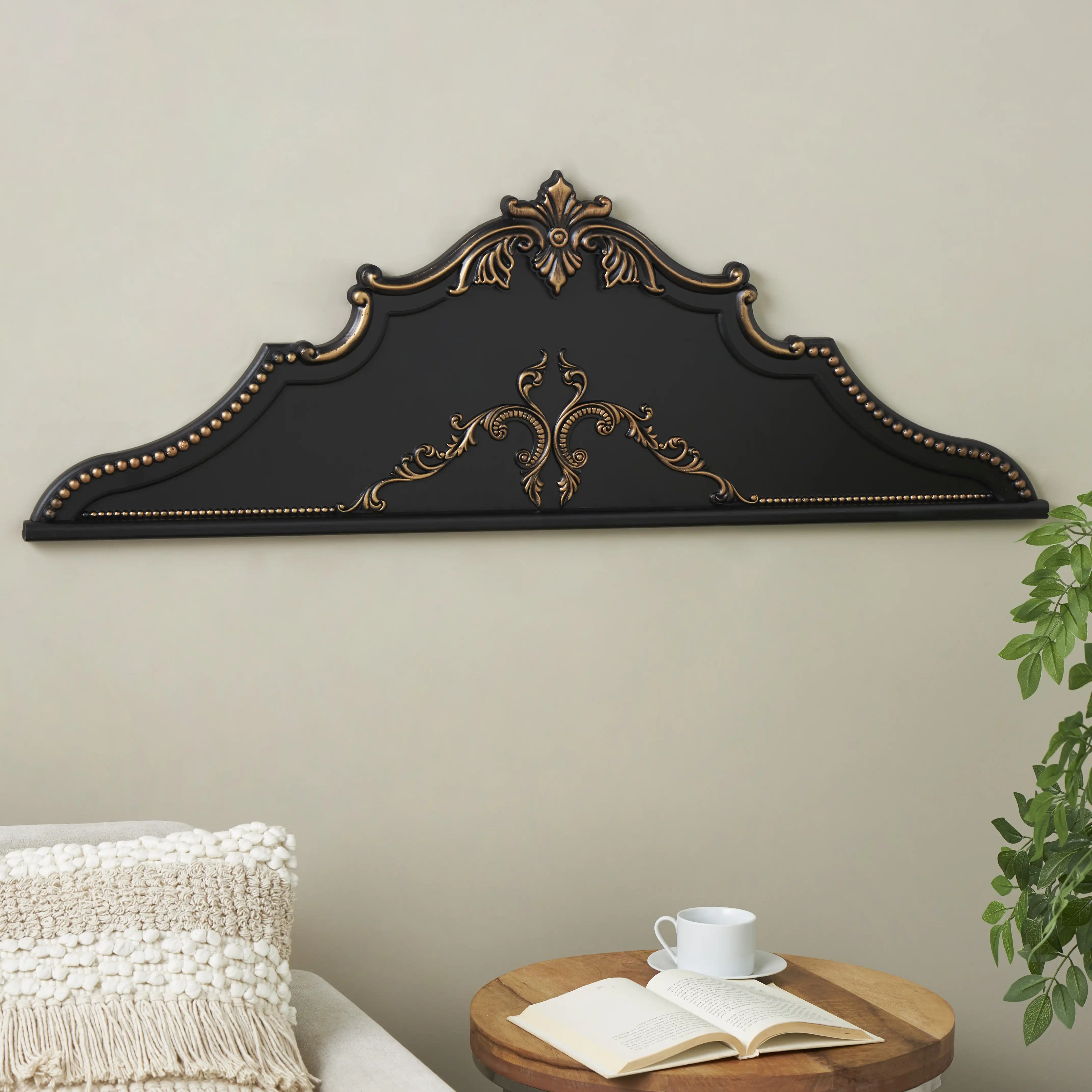 Fleur De Lis Living Wooden Beaded Scroll Black Wall Decor with Bronze Accents | Wayfair