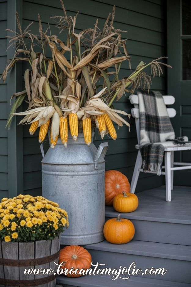 fall front porch decor with cornstalks and pumpkins