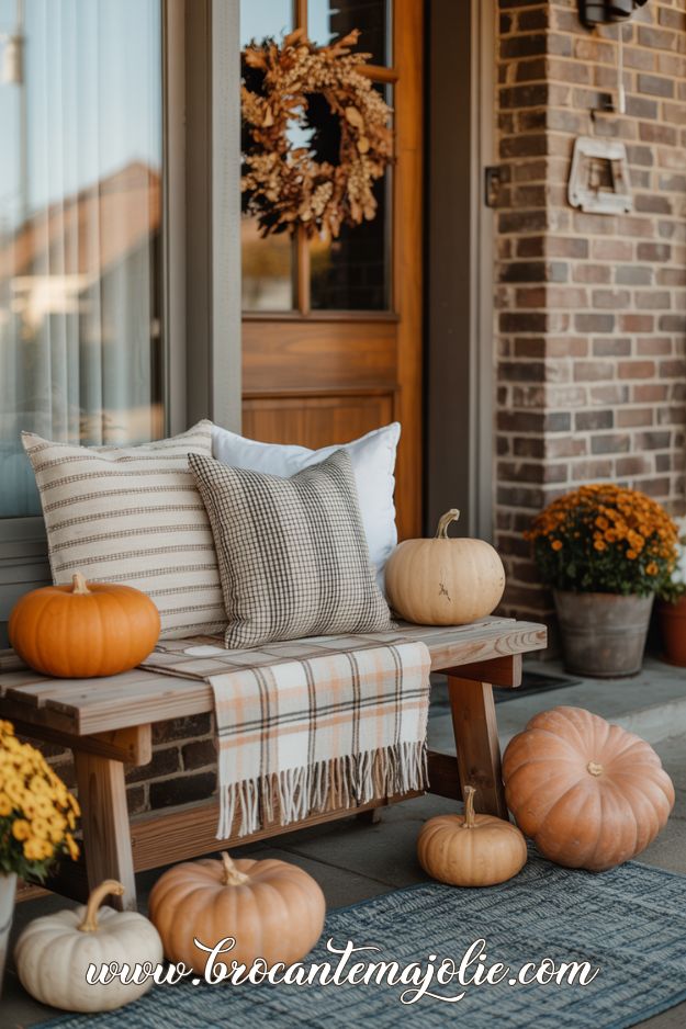 fall front porch decor with bench
