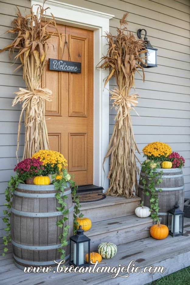 cornstalk and wine barrel fall front porch