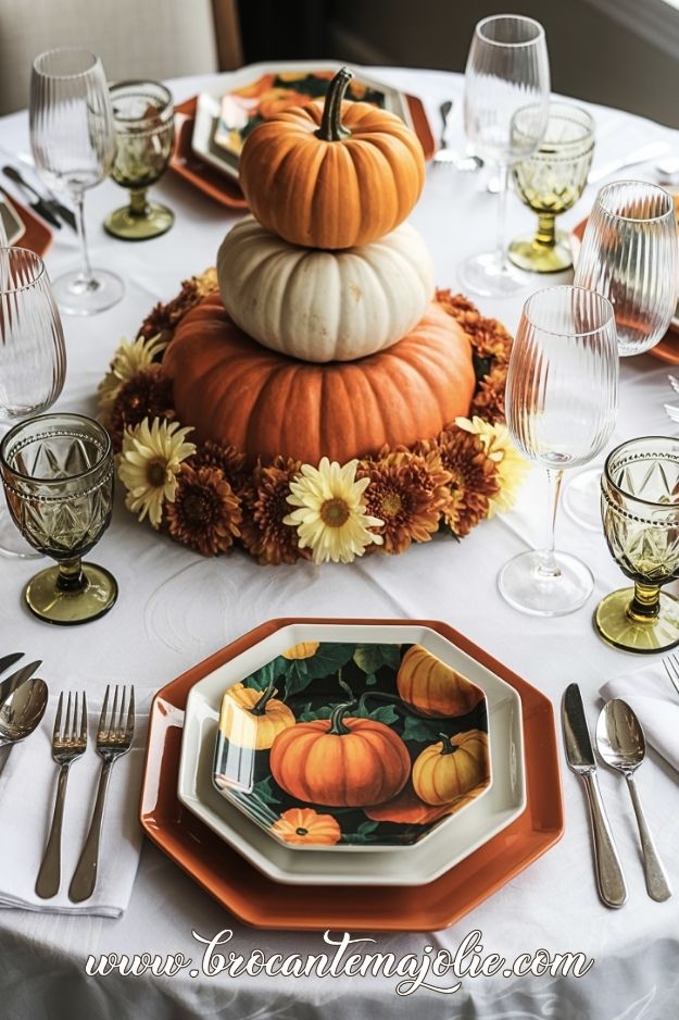 fall table settings with pumpkins
