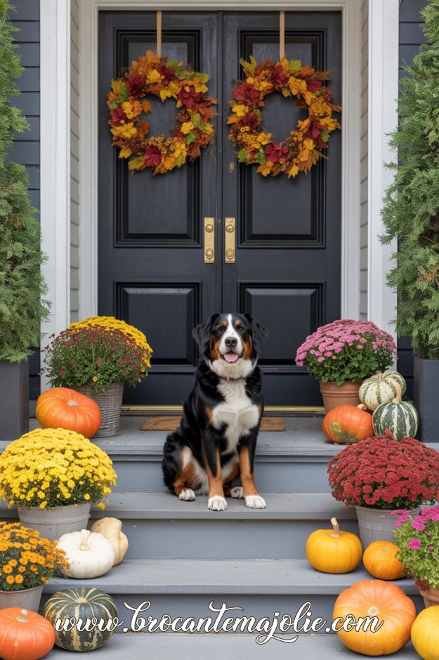 pumpkins and mums fall front porch