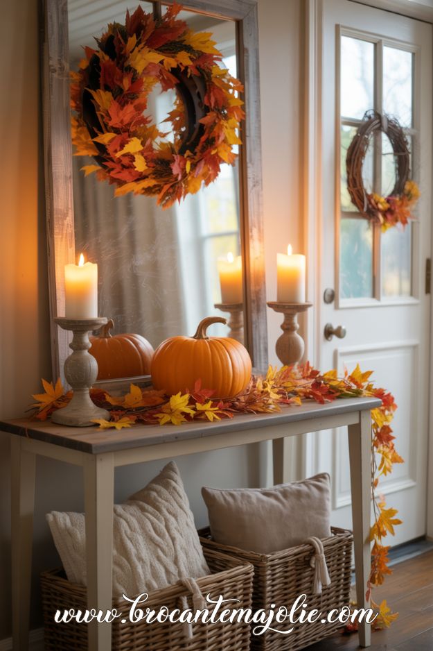 fall wreath above console