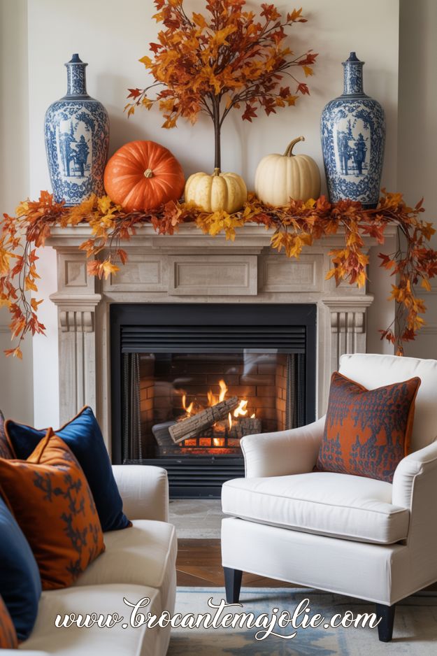 blue and orange fall living room