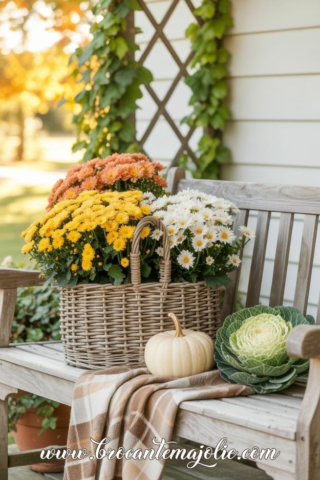 pumpkins and mums fall front porch