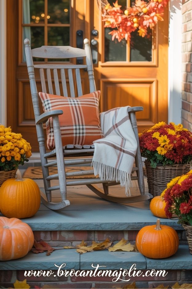 fall front porch decor with rocking chair