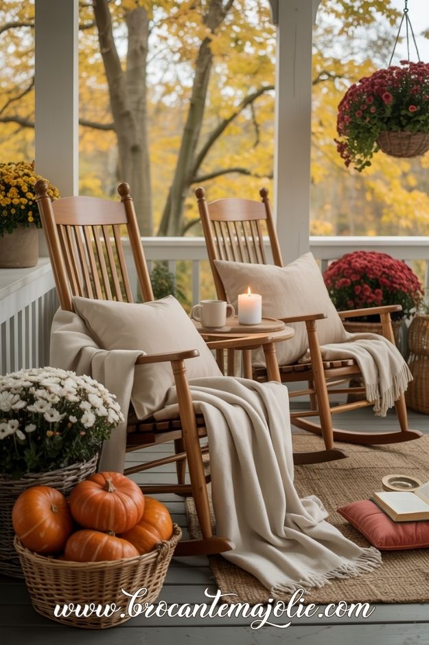 fall front porch decor with rocking chairs