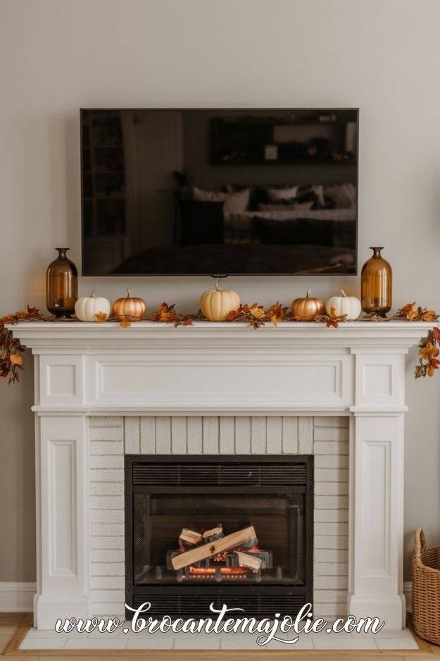 fall mantle decor with tv above