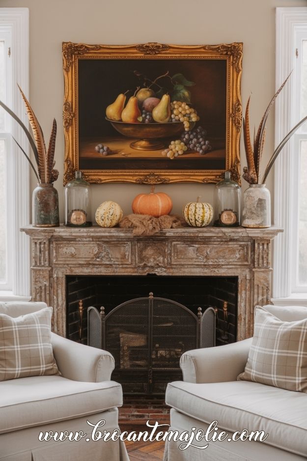 vintage and neutral fall mantle decor
