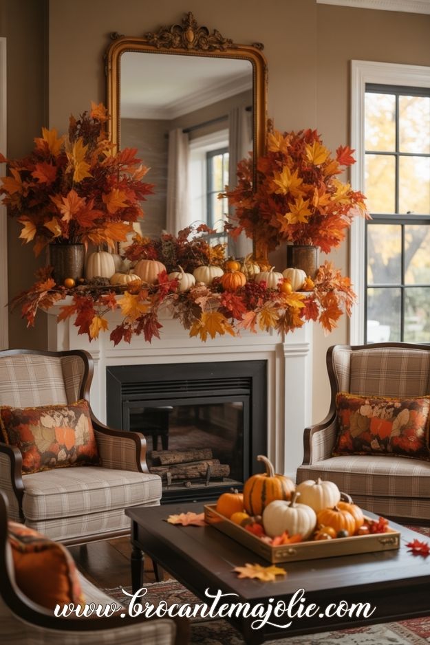 traditional fall fireplace decor in living room