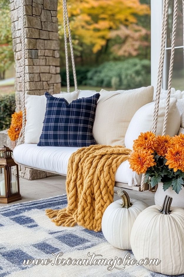 cozy fall front porch bench