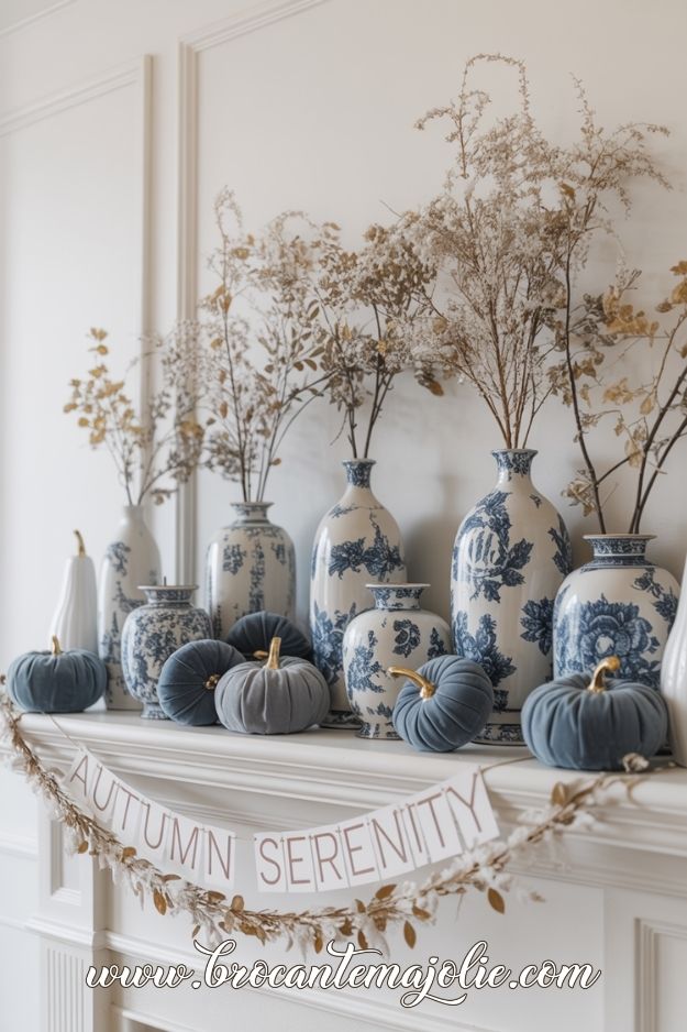 blue and white fall decor