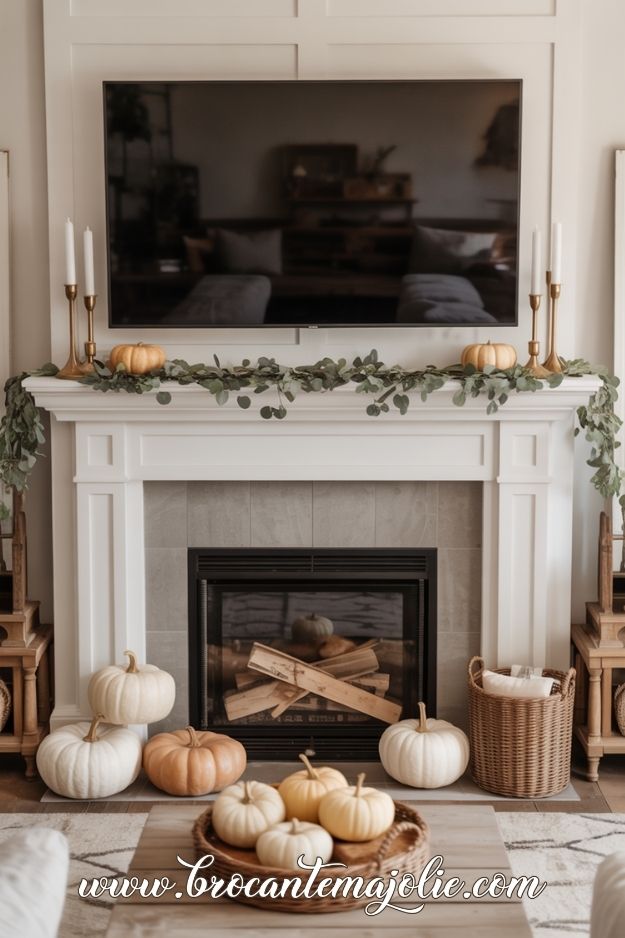 fall fireplace mantel decor with tv