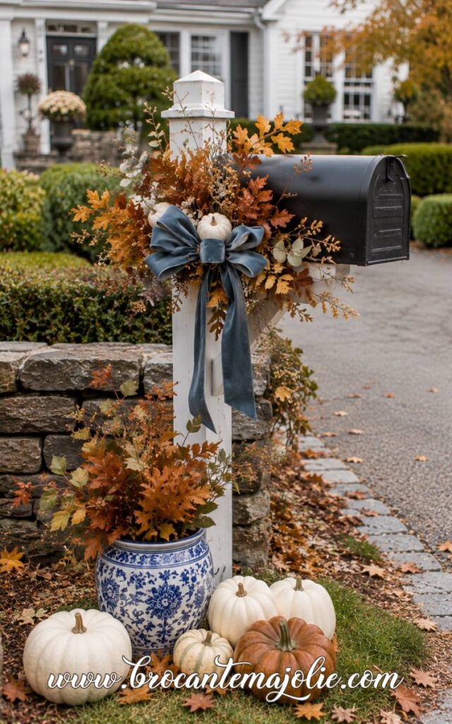 blue white fall mailbox decor ideas