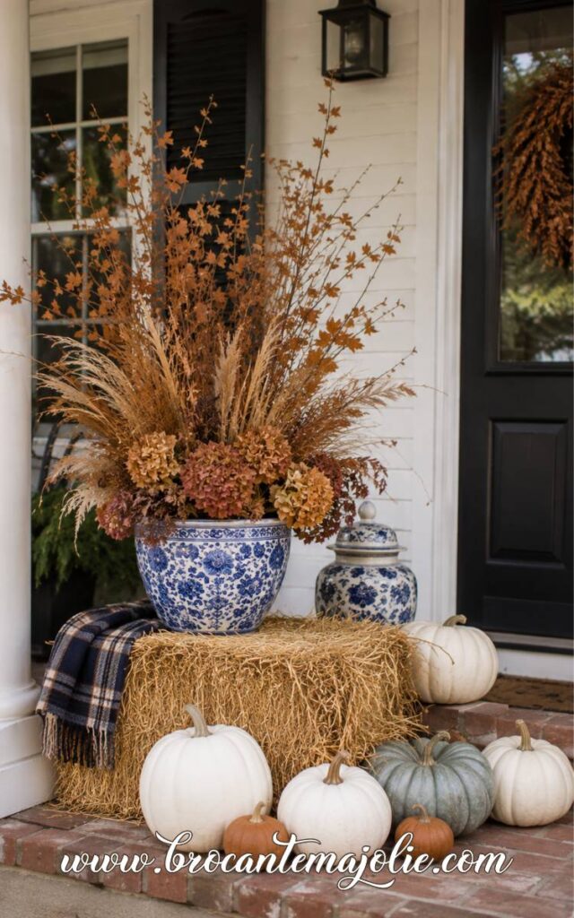 blue white fall hay bale display