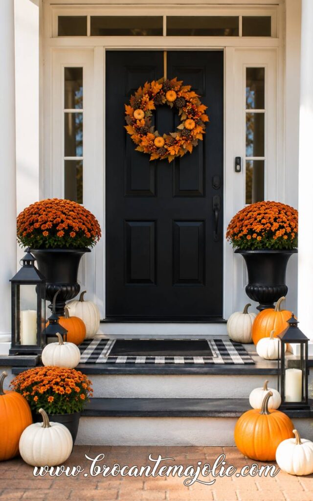 black white orange front step fall decor