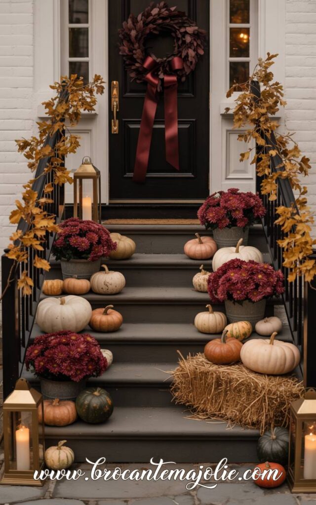 burgunday and gold front step fall decor