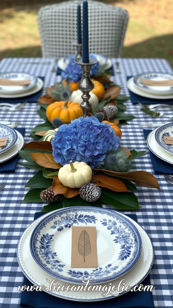 blue and white thanksgiving decorations table
