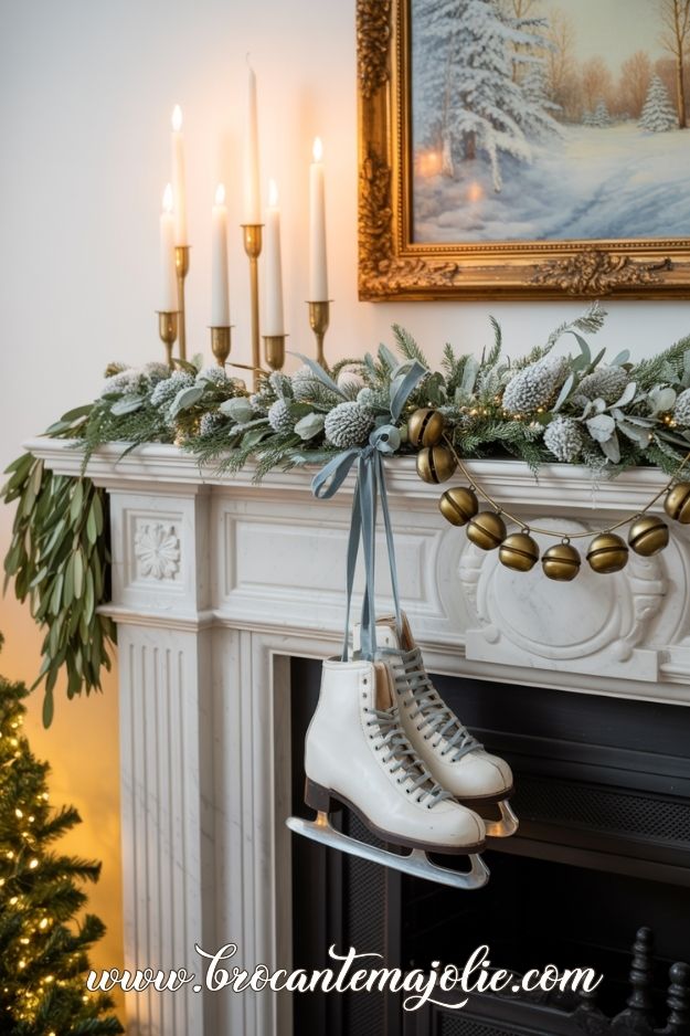 christmas candles and garlands on mantle