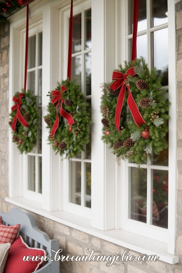 christmas window wreaths with ribbon