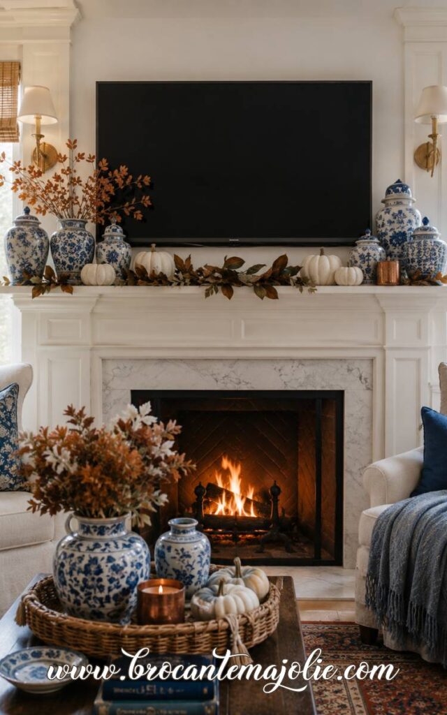 Blue and White Fall Mantle With TV