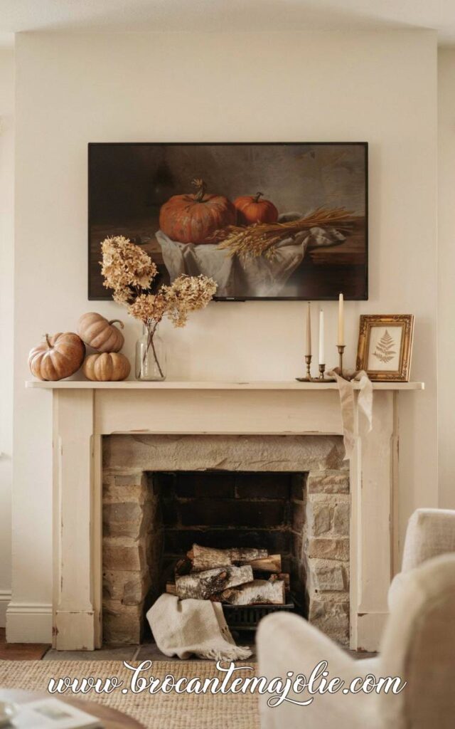 fall mantle decor with tv above