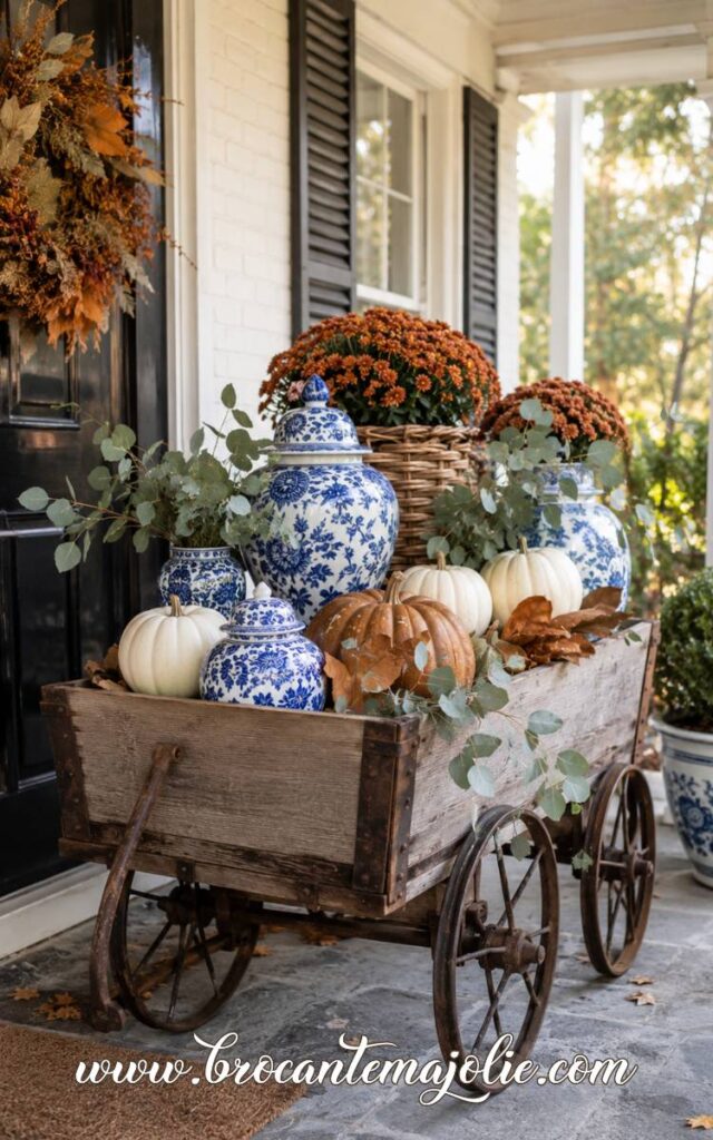 blue white fall wagon decor