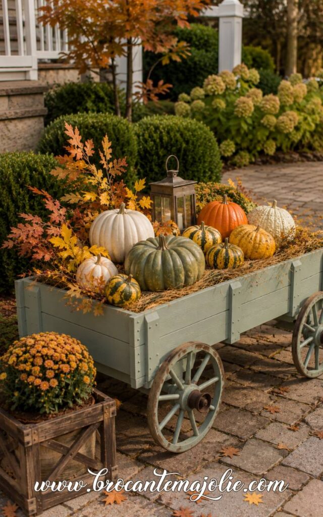 green fall wagon decor with pumpkins