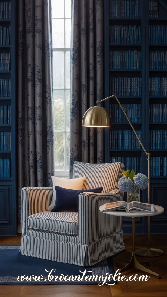 blue and white living room with gold touch