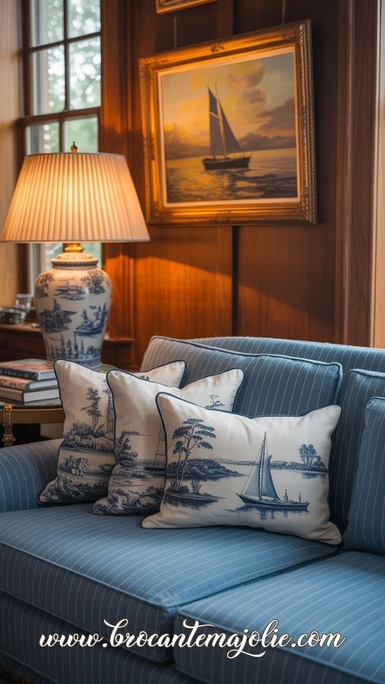 blue and white striped sofa in living room