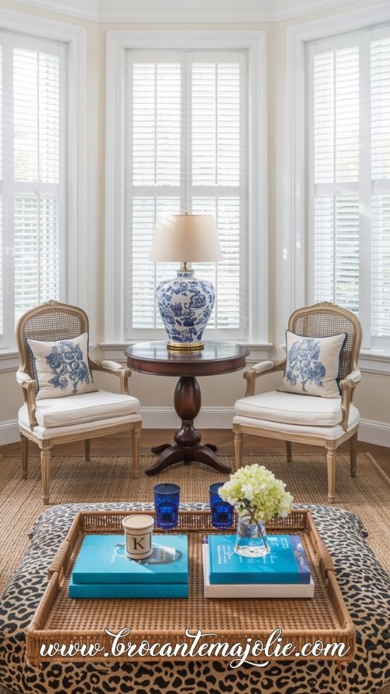 blue and white living room symmetry