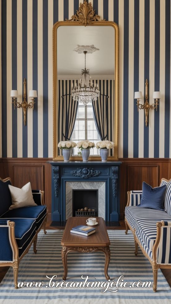 blue and white accent wall living room