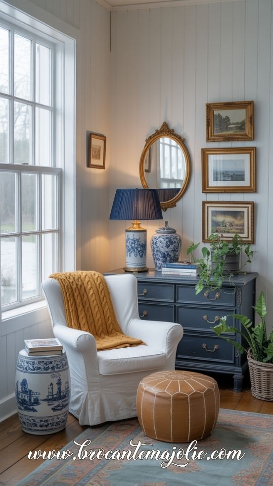 french country blue and white living room