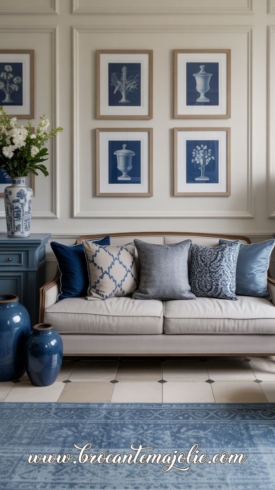 blue and white living room wall decor