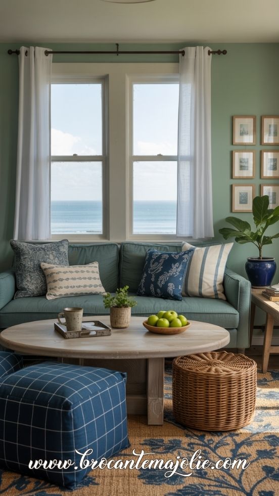 blue white and green living room