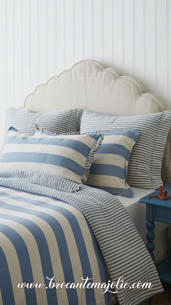 vintage blue and white striped farmhouse bedding