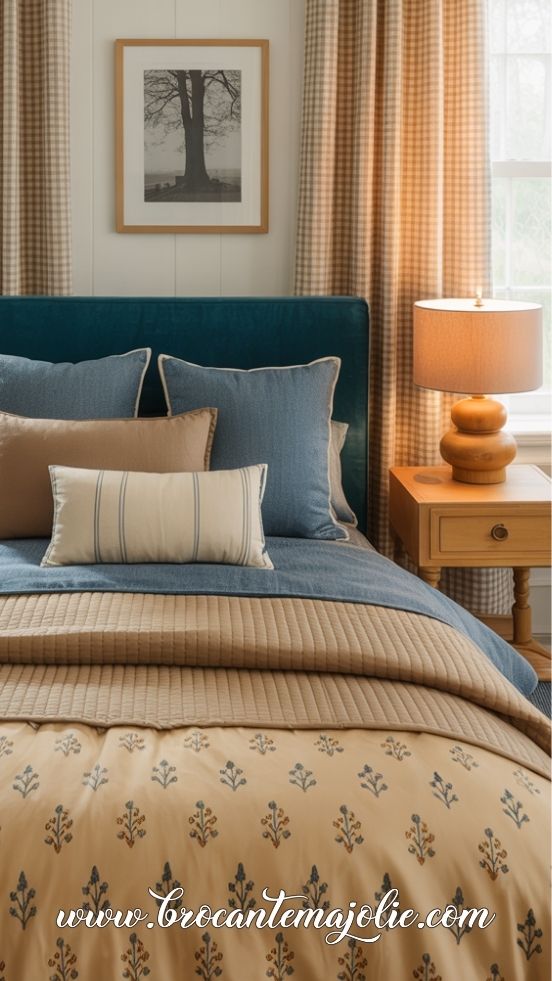 luxury master bedroom with french country farmhouse bedding