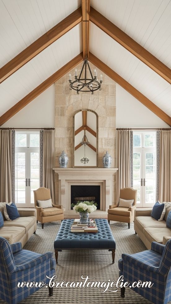 navy blue and cream living room