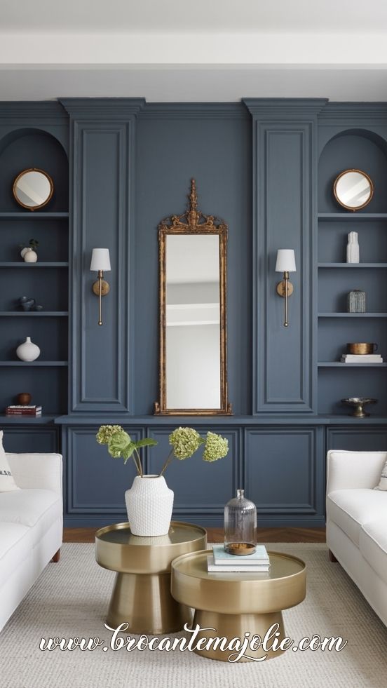 blue and white living room with gold accents