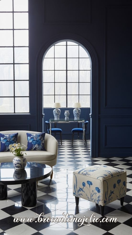 blue white and black living room