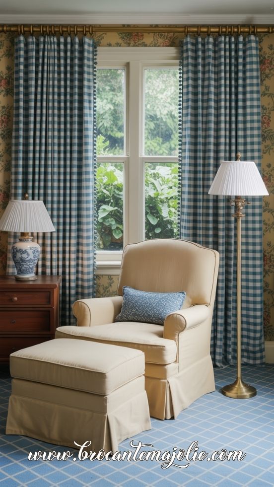 blue and white curtains in living room