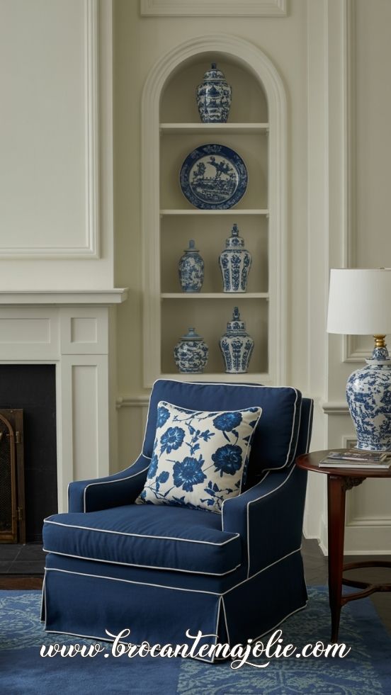 traditional blue and white living room
