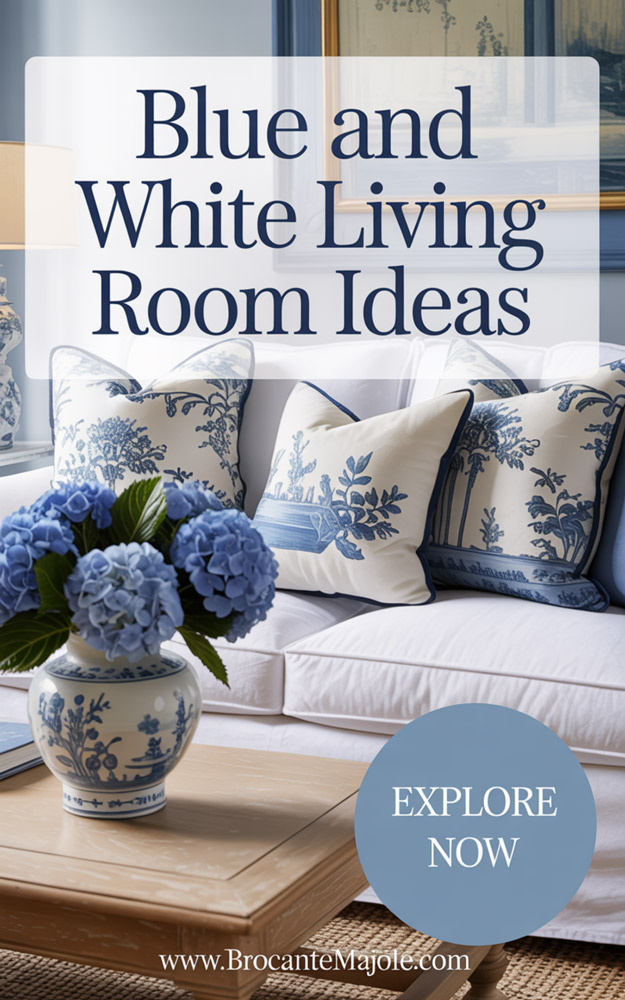 blue and white living room pinterest pin