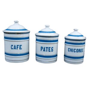 White and blue vintage enamel canisters