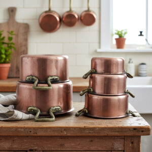 Vintage copper pots with handles set of 5