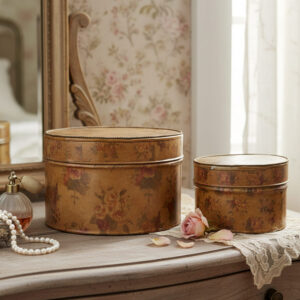 Vintage French round tin boxes with floral pattern