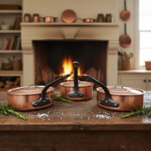 Set of 3 Vintage French Hammered Copper Sauté Pans with Lids
