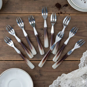 Vintage French dessert fork set in Toile de Jouy box