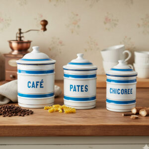 White and blue vintage enamel canisters