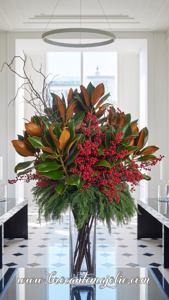Magnolia & Red Berry Winter Centerpiece